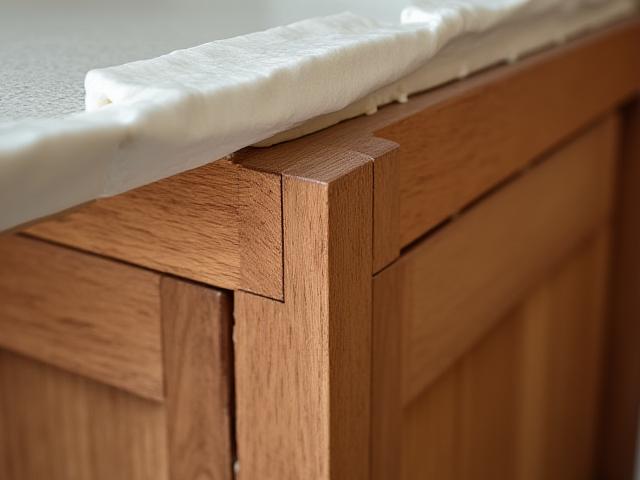 Close-up of a beautifully crafted wooden vanity unit with dovetail joints
